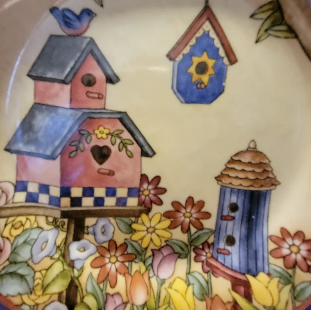 Vtg Plates Bird House Flowers Tree Leaves